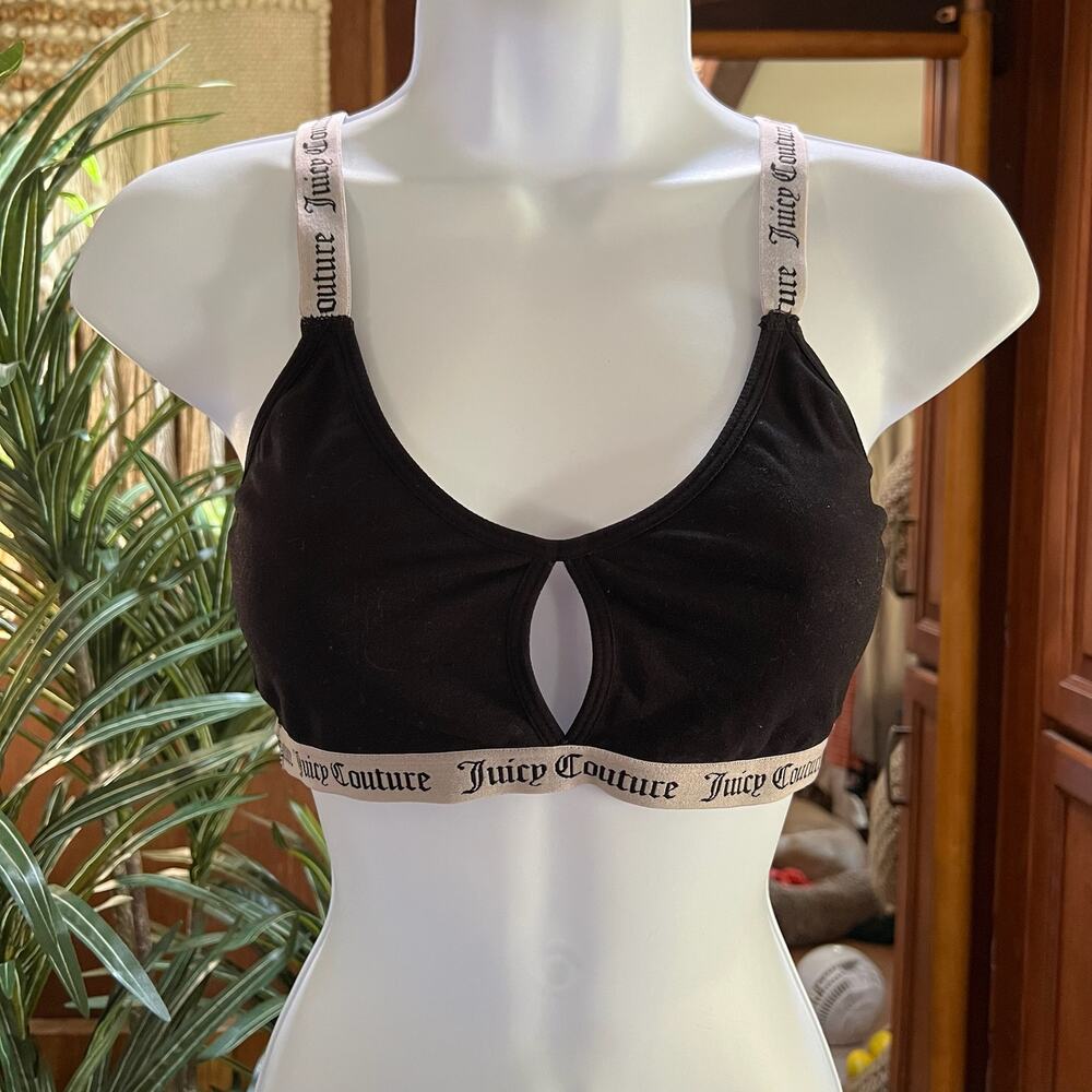 Juicy Couture Y2K Logo Bralette M | Black Keyhole Gothic Strap Stretch Bra 2000s